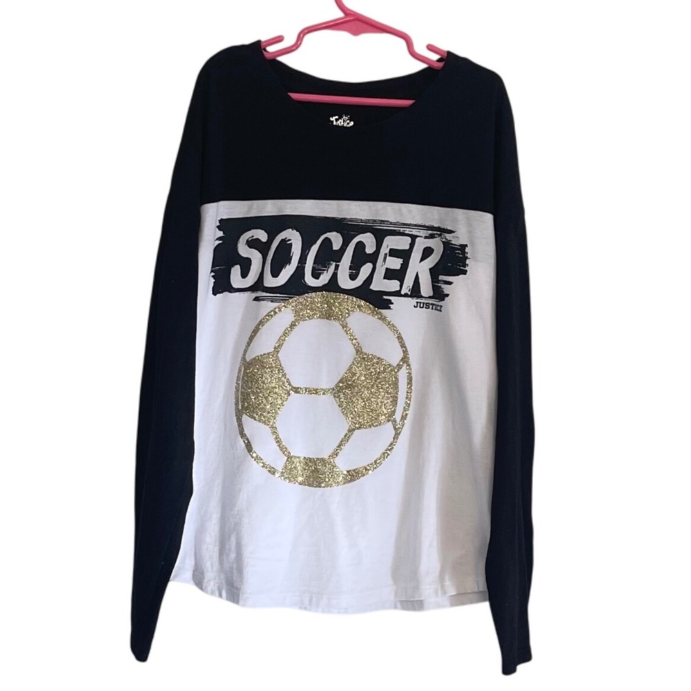 Justice Girls Soccer Long Sleeve Shirt Black White Gold Sparkle Size L (12/14)